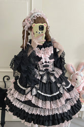 Black/Pink Multi-Layered Ruffle Bowknot Stitching Lace Sweet Lolita Jsk Dress